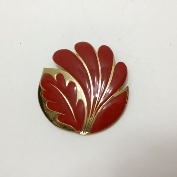 VTG ORENA Paris Large Gold/ Bright Red Enamel VTG  80s Leaf Floral Enamel Brooch - Picture 2 of 4